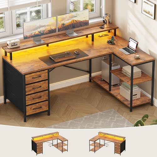 SEDETA L Shaped Desk with 4 Drawers, Shelves, Power Outlets, Rustic Brown