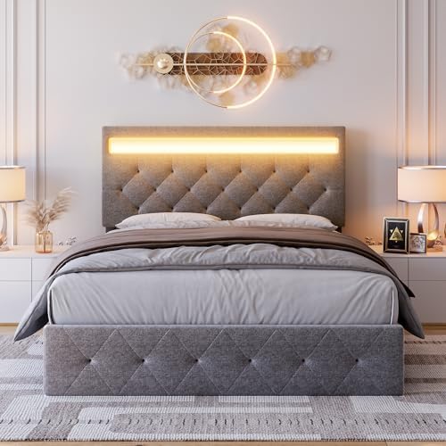 GarveeHome Full Size Bed Frame with Charging Station and LED Lights, Upholstered Bed Frame with Adjustable Headboard, Heavy Duty Wood Slats, No Box Spring Needed, Easy Assembly, Grey