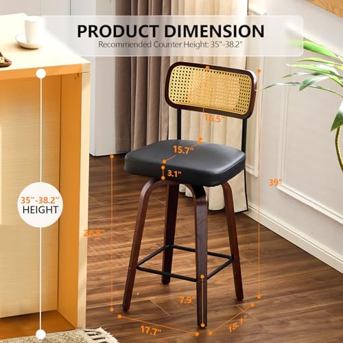 VINGLI Modern Bar Stool 26" H, PU Leather with Rattan Back, 360° Swivel, Solid Wood Legs Barstools for Kitchen Island & Home Bar, Black 1 Pack