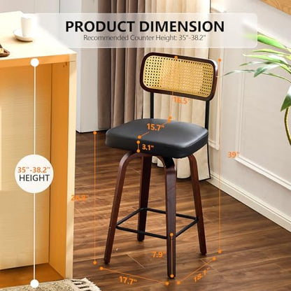 VINGLI Modern Bar Stool 26" H, PU Leather with Rattan Back, 360° Swivel, Solid Wood Legs Barstools for Kitchen Island & Home Bar, Black 1 Pack