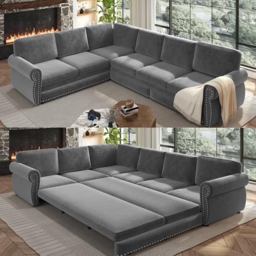 HANXIN 118" L-Shaped Sofa Couch with Pull Out Bed, Oversize Convertible Sectional Sleeper Sofa with Nailhead Trim & Rolled Arm, 6 Seat Chenille Upholstered Couches for Living Room(Light Gray)