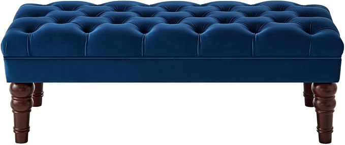 24KF Velvet Upholstered Buttons Tufted Entryway Bench with Solid Wood Leg,Bed Bench Ottoman with Padded Seat,5061N-Navy