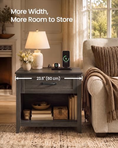 VASAGLE Farmhouse Nightstand with Charging Station, Drawer and Open Shelf