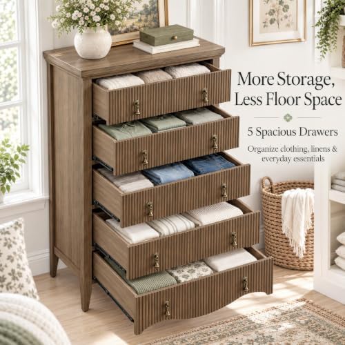 5-Drawer 47" Tall Fluted Dresser, Vertical Chest of Drawers,Light Oak