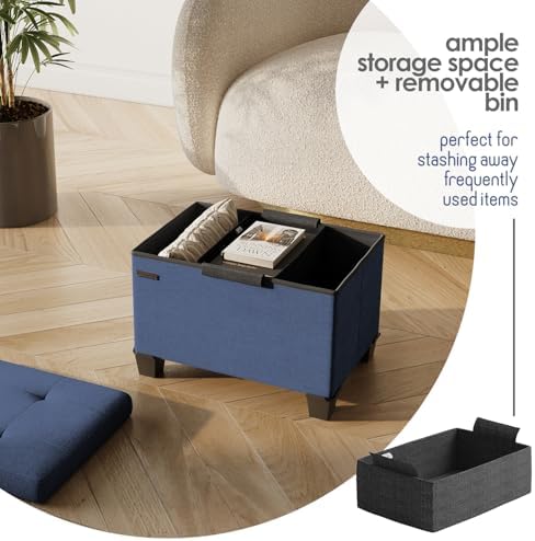 Storage Ottoman Cube with Small Bin, 16-in Square Ottoman with Storage for Living Room and Bedroom, Small Ottomans Foot Rest, Fabric Foot Stools Ottomans Max 330lbs, Blue