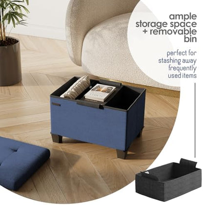 Storage Ottoman Cube with Small Bin, 16-in Square Ottoman with Storage for Living Room and Bedroom, Small Ottomans Foot Rest, Fabric Foot Stools Ottomans Max 330lbs, Blue