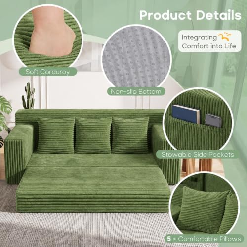 Boneless Couch for Living Room, 3 Seater Convertible Sofa Bed in Box, Green