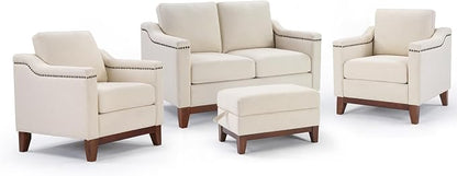 HAOMARKETS 4 Piece Fabric Sofa Set with Nailhead Trim, Included Upholstered Accent Chair Set of 2 with Thicked Cushion, Loveseat and Storage Ottoman with Flip-Top Table for Living Room, Beige