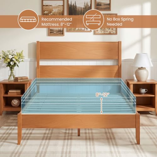 GIANTEX Full Size Wooden Bed Frame with Slatted Headboard (Warm Brown)