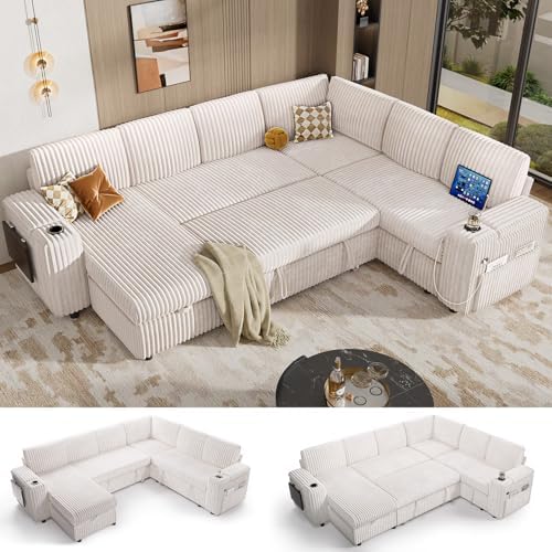 Vipbear 111" Modular Sectional Sleeper Sofa with Pull Out Bed, 7 Seat Plush Corduroy L Shaped Couch with Storage Chaise|USB Ports|Cup Holders|Side Table|Storage Armrests, Tool Free Assembly, Beige
