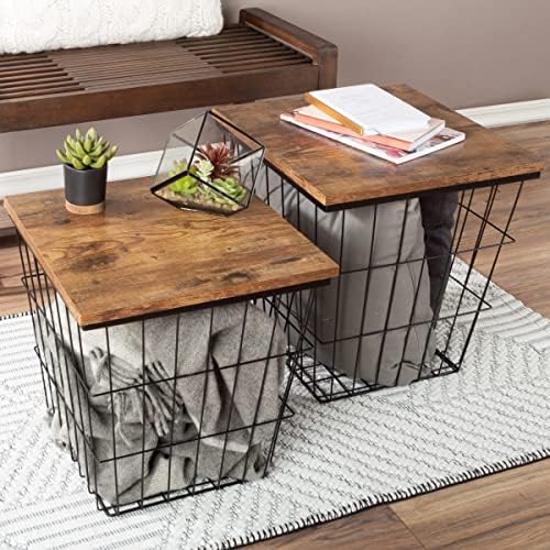 Lavish Home Square End Tables, Brown Woodgrain, Set of 2, 15.75”/14.5”