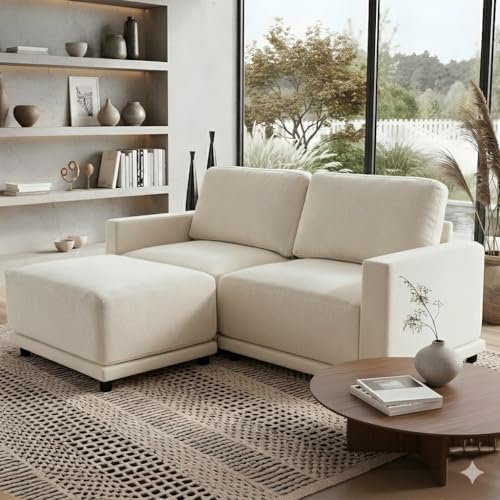 79" L-Shaped Modular Couch, 2 Seater Sofa with Ottoman, White