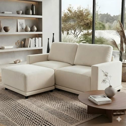 79" L-Shaped Modular Couch, 2 Seater Sofa with Ottoman, White