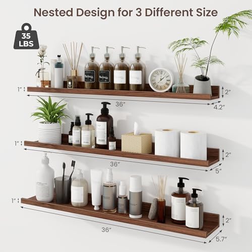 Picture Ledge Shelf, 36 Inch Walnut Floating Shelves Set of 3