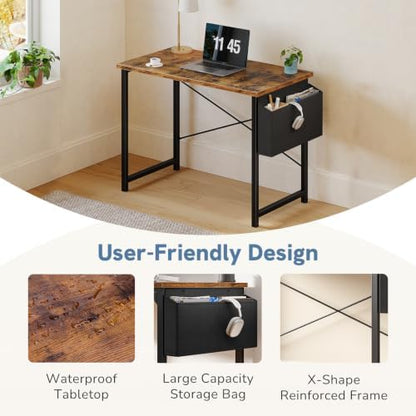 DUMOS 40" Small Computer Desk Home Office Desk, Gaming Desks, Brown