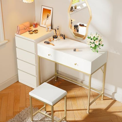 SUPERJARE 31.5" White and Gold Desk with 2 Drawers, Modern Makeup Vanity