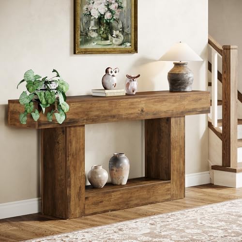 Tribesigns 63" Console Table, Farmhouse 2-Tier Entryway Table with U-Shaped Base, Narrow Long Sofa Table Behind Couch Table for Living Room, Hallway, Foyer, Vintage Brown