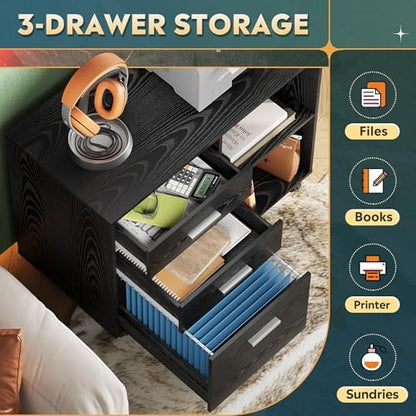 DEVAISE Wood File Cabinet, 3 Drawer Lateral Filing Cabinet Black
