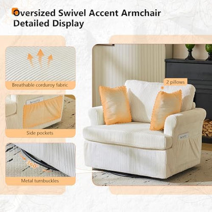 VINGL 39.2" Wide 360° Swivel Accent Armchairs with Pillows Set of 2, Oversized Single Sofas, Chair and a Half with Side Pockets and Wide armrest for Living Room, Bedroom, Reading Room, Corduroy Beige