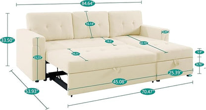 Naomi Home 84" L-Shaped Sectional Sleeper Sofa with Pull Out Bed | Sleeps Guests Comfortably, Stores Essentials in Chaise & Saves Space, Velvet, Cream Convertible Sofa Bed