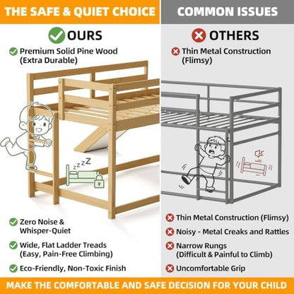 Low Bunk Bed with Slide, Floor Loft Bed with Climbing Ladder, Wood Twin Bunk Bed Frame with Full Guardrails & Storage Space for Kids Toddler