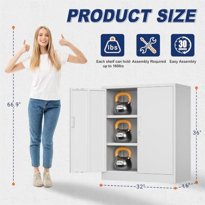 CMY 36" H Metal Storage Cabinet, Locking Storage Cabinet with Doors and Adjustable Shelves for Office, Garage, Home-White