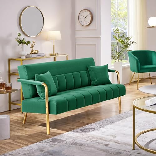 Yaheetech 56.5" Small Sofa 2 Seater Couch with Gold-Tone Legs, Green