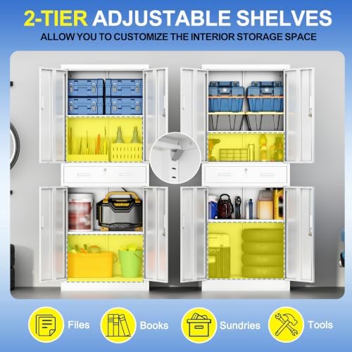 CJF 71" H Tall Metal Storage Cabinet with Drawer, Locking Garage Cabinet with 2 Adjustable Shelves, Heavy-Duty Tool File Storage Cabinets for Home Office, Kitchen, Warehouse, Shop (White)