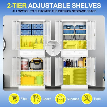CJF 71" H Tall Metal Storage Cabinet with Drawer, Locking Garage Cabinet with 2 Adjustable Shelves, Heavy-Duty Tool File Storage Cabinets for Home Office, Kitchen, Warehouse, Shop (White)