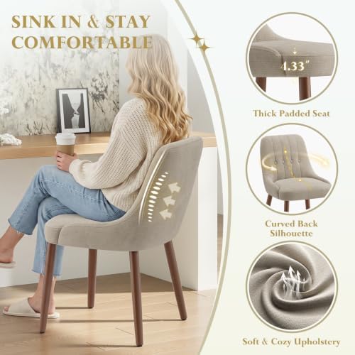 Wooden Dining Chairs Set of 2, Upholstered Fabric Kitchen Chairs with Tufted Button Backrest, Modern Dining Room Chairs with Solid Wood Legs for Kitchen, Camel
