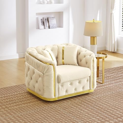 41" Luxury Oversized Velvet Chesterfield Sofa with 2 Pillow & Gold Stainless Decoration, Italian Modern Style 1-Seater Button Tufted Couch with Rolled Arms, Easy Assembly, for Living Room, Beige
