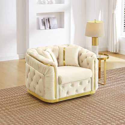 41" Luxury Oversized Velvet Chesterfield Sofa with 2 Pillow & Gold Stainless Decoration, Italian Modern Style 1-Seater Button Tufted Couch with Rolled Arms, Easy Assembly, for Living Room, Beige