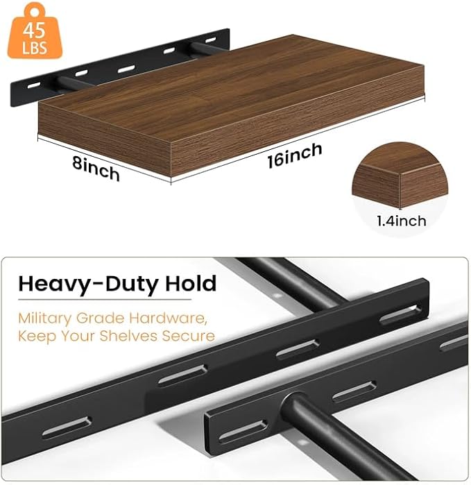 Fun Memories 16 Inch Floating Shelves - Deep Rustic Wooden Wall Shelves - Extra Deeper & Thicker Wall Mounted Storage Shelf for Bedroom, Kitchen, Farmhouse - 2 Pack, Walnut