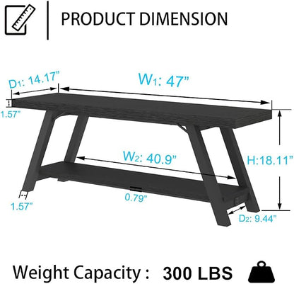 LVB Black Bench, Modern Storage Bench for Bedroom, Wood Metal Entryway Bench for Hallway Dining Living Room, Famrhouse Shoe Rack Indoor Accent Seating Benchs for Foyer Entrance, Black Oak 47 Inch Long