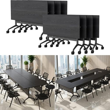 Folding Conference Table Modern Large Mobile Meeting Table Rolling Conference Room Tables with Wheels Seminar Tables for Office Training Classroom (8, Textured Black, 47.2" D X 23.6" W X 29.5" H)