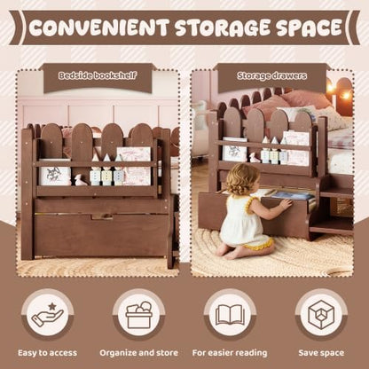 Bellemave Queen Size Platform Bed with Storage Drawers & Bookshelf for Boys Girls, Kids Queen Bed Frame with LED Lights & Stairs for Children's Room, Deep Natural