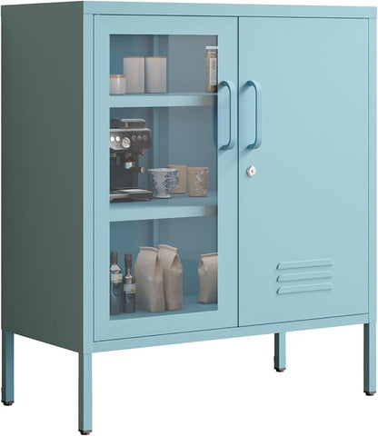 Locking Steel Storage Cabinet Shoe Cabinet for Living Room Bathroom Kitchen Left Glass Door Right Iron Door Blue Size：33" H x 29.5" W x 13.8" D