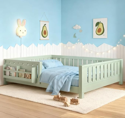 Bellemave Full Size Floor Bed with high Rails and with Built-in Bookshelf for Kids, Girls, Boys, Wood Montessori Floor Bed Without Door, Avocado Green
