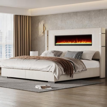 AMERLIFE King Bed Frame with Fireplace, Upholstered Headboard, Cream