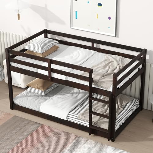 Merax Twin Over Twin Bunk Bed, Solid Rubber Wooden Twin Bunk Bed with Ladder, Espresso