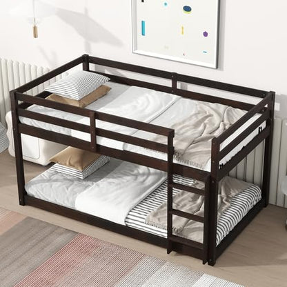 Merax Twin Over Twin Bunk Bed, Solid Rubber Wooden Twin Bunk Bed with Ladder, Espresso