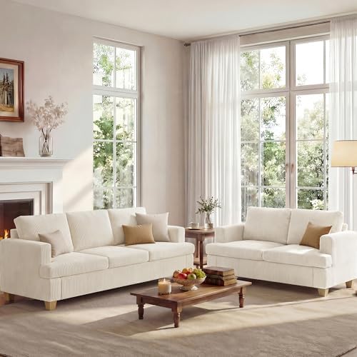 Apicizon Loveseat & 3 Seater Sofa Sets, 89" Couch Sofa Set for Living Room Furniture Sets, 2 Piece Deep Seat Sleeper Sofa, Couch and Loveseat Sets for Apartment, White Corduroy