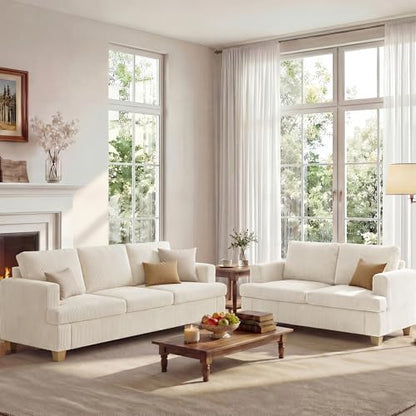 Apicizon Loveseat & 3 Seater Sofa Sets, 89" Couch Sofa Set for Living Room Furniture Sets, 2 Piece Deep Seat Sleeper Sofa, Couch and Loveseat Sets for Apartment, White Corduroy