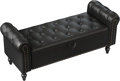 Furniliving 51” End of Bed Bench, Bedroom Bench with Button-Tufted, Large Upholstered Storage Ottoman Benches Entryway Bench with Storage Shoe Cabinet Bench, for Bedroom, Living Room, PU, Black