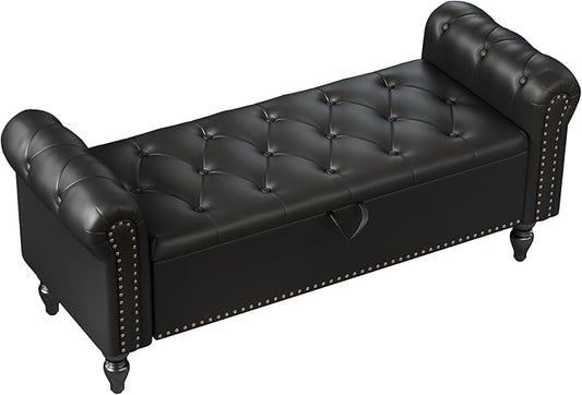 Furniliving 51” End of Bed Bench, Bedroom Bench with Button-Tufted, Large Upholstered Storage Ottoman Benches Entryway Bench with Storage Shoe Cabinet Bench, for Bedroom, Living Room, PU, Black