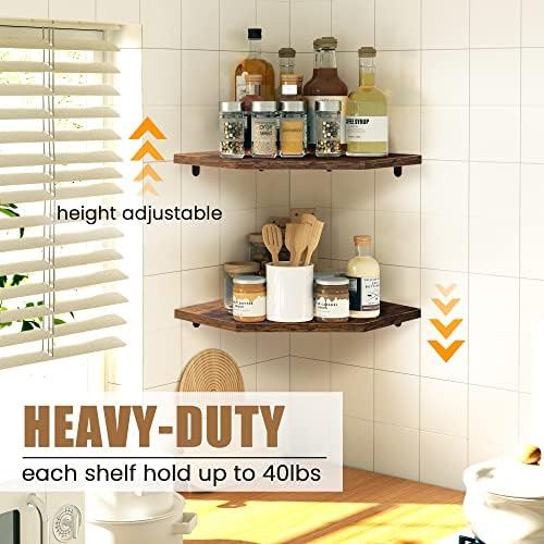 Corner Shelf Wall Mount, Floating Corner Shelves, Set of 4 Corner Wall Shelf Organizer, Rustic Wood Wall Storage Display Shelves for Living Room Bedroom Bathroom Kitchen, Rustic Brown