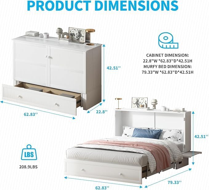 PUREMIND Queen Murphy Bed with Mattress Included, Murphy Cabinet Bed with Storage Drawer, Built-in Charging Station, Solid Wood Frame, Space-Saving Cabinet Beds for Small Spaces/Guest Room (White)