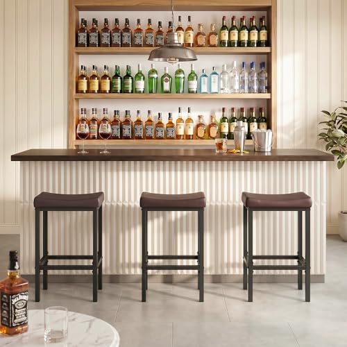 HOOBRO Bar Chairs, Set of 3 Counter Height Saddle Stools with Curved Surface, 24.8 Inches, 2.4" Thick Upholstery, for Kitchen and Dining Room, Brown and Black BC10BYP301