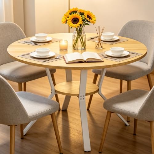 Round Dining Table for 2-4, 43 Inch Dining Room Kitchen Table with 1-Tier Storage Shelf, Modern Farmhouse Dinner Furniture with Adjustable feet,Oval Circle(43in-Oak)