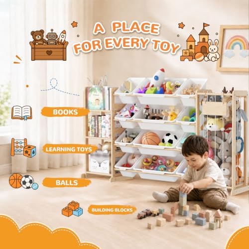 Toy Storage Organizer with Stuffed Animal Storage, Playroom Toy Organizer with 12 Toy Bins for Bricks, Toy Holder for Toddler Rooms, Playrooms, Bedrooms